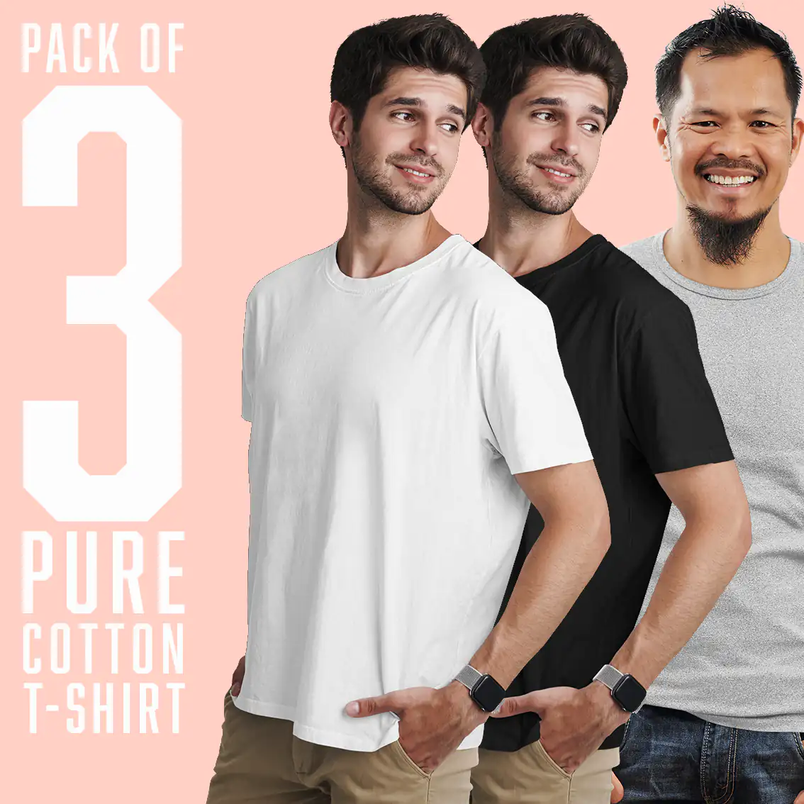Minimalist Men's Pack Of 3 Solid Pure Cotton Round Neck T-shirts Combo ...